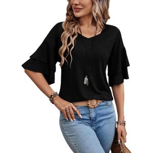 Womens Blouses Ruffle Sleeve Top V Neck Shirts Casual Outfit Bell Sleeve Cute Tee Spring Fall Summer Fashion Clothes (XX-Large, Black)