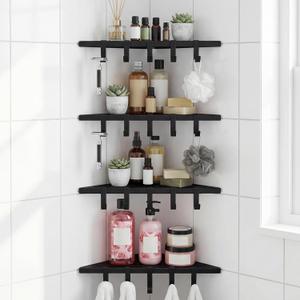 Wenqik 4 Pack 10'' Corner Shower Shelf with Hooks Sturdy 304 Stainless Steel, Space Saving Design Recessed Tile Shower Shelf for Inside, Tiled Walls, Bathroom Organization (Black)