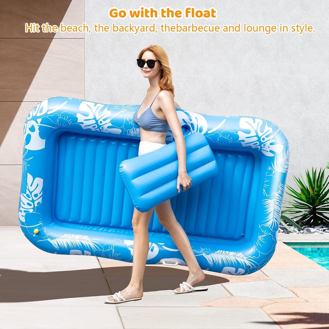 Inflatable Tanning Pool Lounger Float with Sprinkler, 77" x 48" Pool Floats Adult with Pillow, 6 in 1 Suntan Tub Raft Floatie with Drink Holder Sunbathing Water Lounge (Blue)