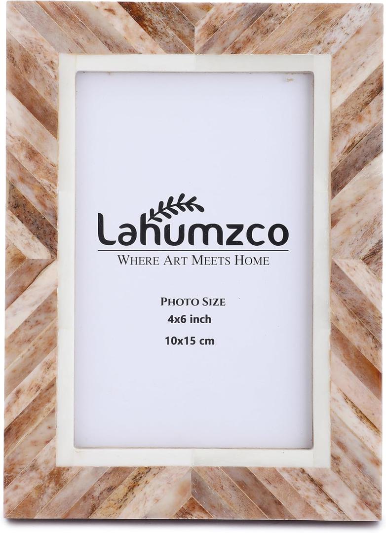 Handmade Picture Photo Frame Chevron Herringbone Art Inspired Vintage Table-Top/Wall Dcor Boho Frames (4x6 Inches, Brown, White)