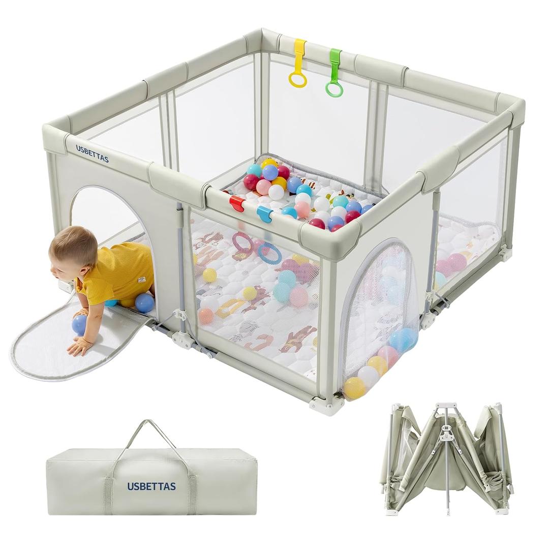 Foldable Baby Playpen, 1-Minute Setup, Lightweight Portable Playpen with Carry Bag, 50"x50" Indoor Outdoor Safty Play Yard for Babies & Toddlers, Beige