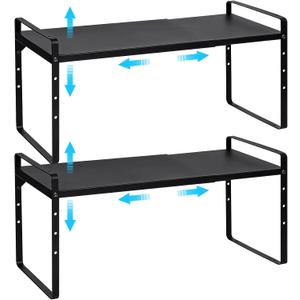Set of 2 Expandable Cabinet Shelf Organizer, Stackable Kitchen Countertop Shelves Spice Racks, Small Metal Storage Shelf For Cupboard Counter Tabletop, 30 LBS Heavy Duty, Adjustable, 13.8" to 21.6" (Black)