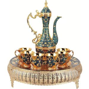 Turkish Tea Set Vintage Coffee Pot with Shiny Crystal Tray and 6 Cups for Home Party Table Decor Blue