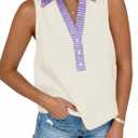 Tankaneo Womens V Neck Cropped Tank Tops Button Up Color Block Tees | Sleeveless Shirts, Loose Fit, Summer Dressy Casual (Beige, M)