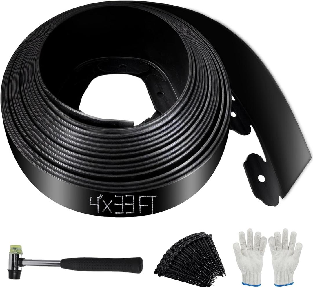 No Dig Landscape Edging 33FT, 4 Inch Plastic Edging for Landscaping with 100 Spikes, for Garden, Lawn, Flower Beds and Yard, Black
