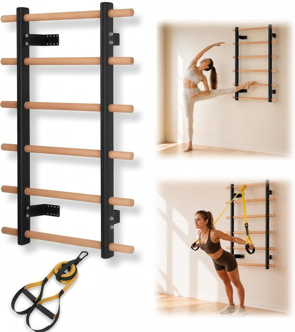 Swedish Ladder Wall Gym For Adults, Wall Mounted Stall Bars And Wall Bars With Yellow Suspension Trainer Straps, Compact Wooden Stretching Ladder For Home Fitness, Pull-Up, Mobility And Calisthenics