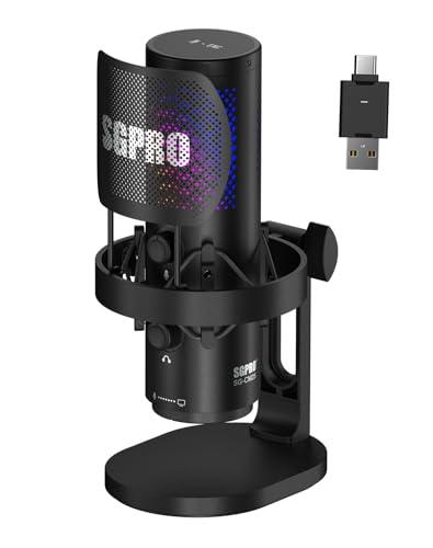 SGPRO Wireless USB Microphone for Streaming, Podcast, SG-CM25 Gaming Condenser Mic with RGB, Noise Cancellation, Tap to Mute, 24-bit/48kHz Recording, Includes Shock Mount & Pop Filter (PC/Mac/Mobile)
