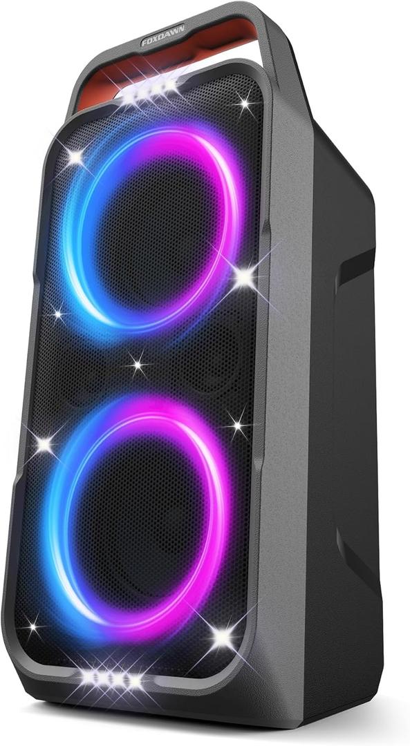Foxdawn Portable Bluetooth Speaker: 240W Peak Powerful Loud Sound Deep Bass Wireless Boombox Large Subwoofer 15 Hours Battery Life Fast Charging with Led Light Show for Party Outdoor Camping Backyard (Black)