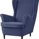 Wingback Chair Cover 2 Piece Stretch Jacquard Wing Chair Slipcovers Thick Wing Back Chair Covers Sofa Slipcover with Arms Wing Chair Slipcover Wing Back Chair Cover with Elastic Bottom (Navy)