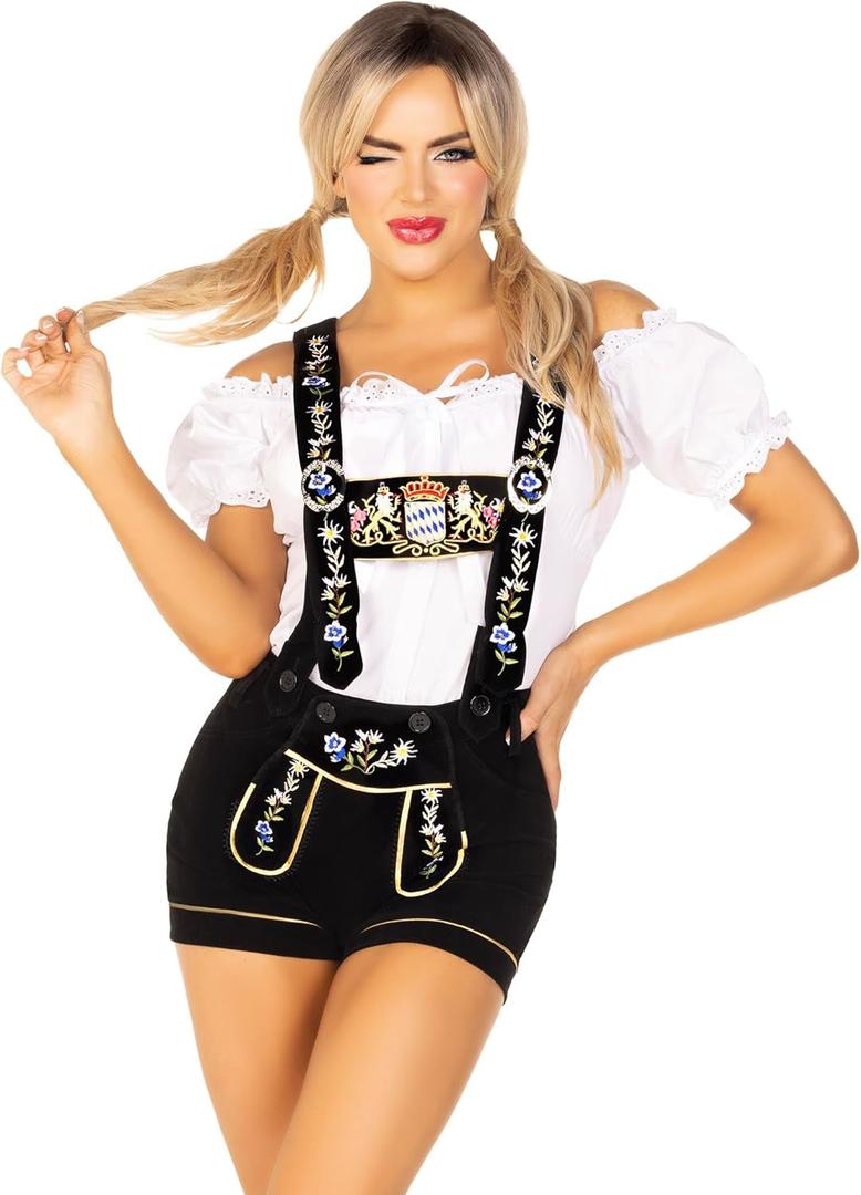 Leg Avenue Womens 2 Piece Edelweiss Velveteen Lederhosen and Peasant Top Set-sexy Oktoberfest Halloween Costume (Large, White/Black)