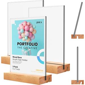 Acrylic Sign Holder with Wood Base 5x7 Inch Vertical and Slant Displays(3 Pack 5*7")