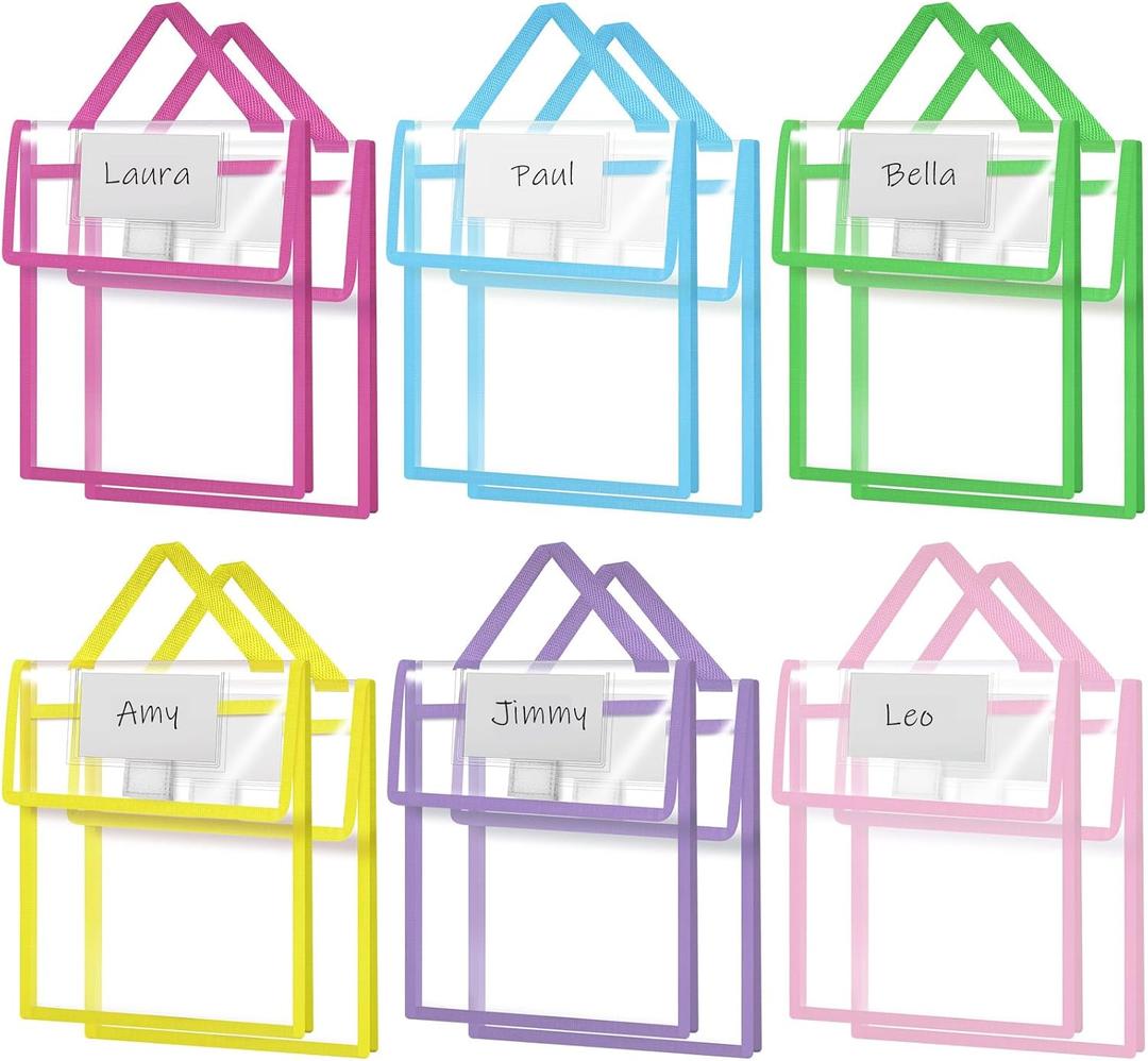 Teling 12 Pack Thick Clear Book Pouches with Blank Name Tags and Handles Book Baggies Bags Bins Organizer for School Classroom Library Pockets Students (10 x 12 Inch,Vivid Colors)