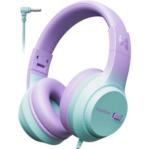 awatrue Kids Headphones, 74/85/94dB Volume Limiter, Foldable Wired Over Ear Headphones for Travel, 3.5mm Jack, Toddler Headphones for School, Chromebook, iPad, Tablet, Purple Green