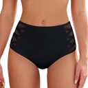 ZAFUL Women High Waist Bikini Bottom Side Mesh Spliced Tankini Swimsuit Swim Briefs Bathing Suit Bottom (Large, 0-black)