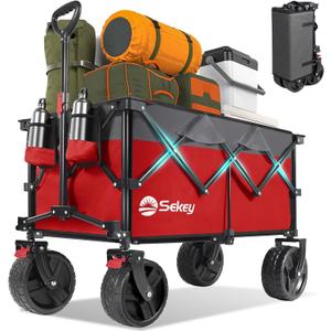 Sekey 220L Wagons Carts Foldable with Big All-Terrian Beach Wheels, Collapsible Heavy DutyWagon with Cup Holders, Extra Large Folding Wagon,Foldable Wagon for Camping, Garden, Sports.Red&Gray