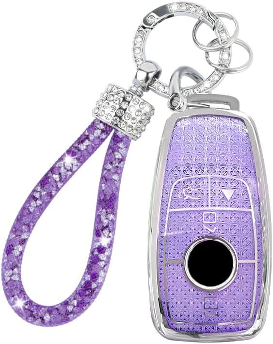 Generic Key Fob Cover for Mercedes Benz A B C E G S CLA CLS GLA GLB GLC GLE GLS Glass Accessories Car Key Protector with Rings with Diamond Keychain (Purple)