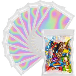 100 Pcs Holographic Bags Purple Resealable Bags with Clear Window Mylar Bags for Food Storage Packaging for Small Business(5.58Inch)