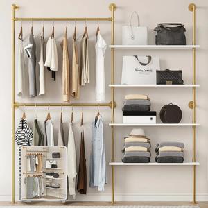 Industrial Pipe Clothing Rack Wall Mounted Heavy Duty, Space Saving Garment Hanger System for Wardrobe/Walk-in Closet, Gold (4 Tier)