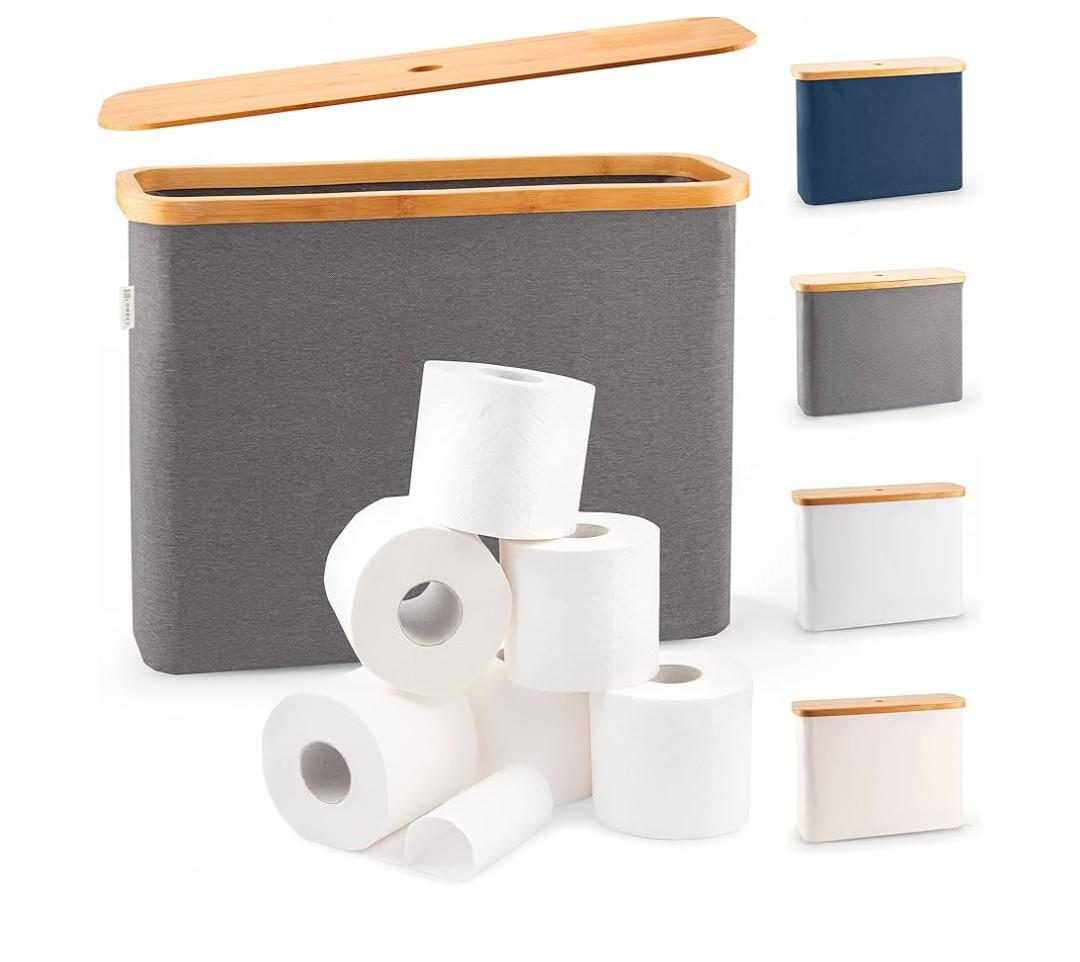 LONBET Toilet Paper Storage for 12 Rolls, Stackable & Foldable - The Ultimate Bathroom Organizer - Waterproof Basket with Bamboo Lid - Elegant Toilet Paper Storage Holder, Gray