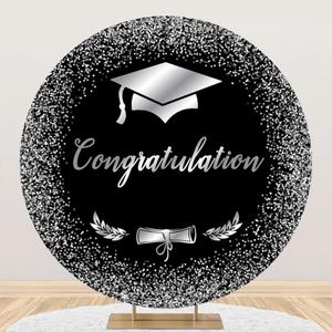 Black and White Congratulations Grad Round Backdrop Cover Class of 2025 Congrats Graduates Round Backdrop Cover 6.56ft Graduation Party Decorations Prom Circle Backdrop Cover Photo Studio Props