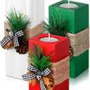 Sliner 3 Pcs Christmas Candle Holders with Candles Wooden Xmas Tealight Candle Holders Decorations Red White Green Votive Wood Candlestick for Christmas Table Centerpiece Decor Xmas Gifts