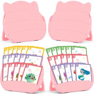 4 PCS Card Holders for Playing Cards, Playing Card Holder for Kids Adults Arthritis Little Hands,3 Layers Stand Foldable Card Holder for Card Games Parties Travel Family Game Night (Pink)