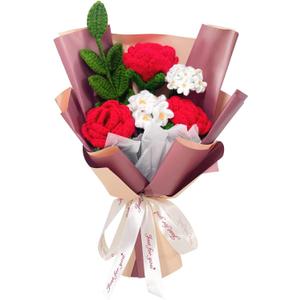 Crochet Rose Flower Bouquet, Red Rose Forget Me Not Knitted Artificial Flowers, Handmade Finished Crochet Bouquet, Gift for Mother Wife Women