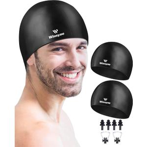 2 Pack Silicone Swim Cap for Men Women, Unisex Adult Swimming Caps for Short/Long Hair to Keep Hair Dry, Waterproof Bathing Caps for Swimming with Ear Plugs & Nose Clip Set