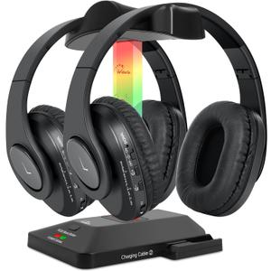 WallarGe Dual Wireless Headphones for TV Watching with RF Transmitter, Bluetooth Over-On Ear TV Headphones Wireless for Seniors, No Lip-Sync Delay, Plug & Play. Set of Two