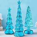 3 Pack Glass Christmas Trees Decor Lighted Christmas Tree Tabletop Glitter Centerpiece Decoration Glass Xmas Tree Figurines Holiday Ornament for Table Mantle Fireplace(Blue,Classic)