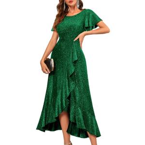BeryLove Women Sequin Formal Party Dress Flutter Short Sleeve Wedding Cocktail Long Evening Dress (3X-Large, Darkgreen)