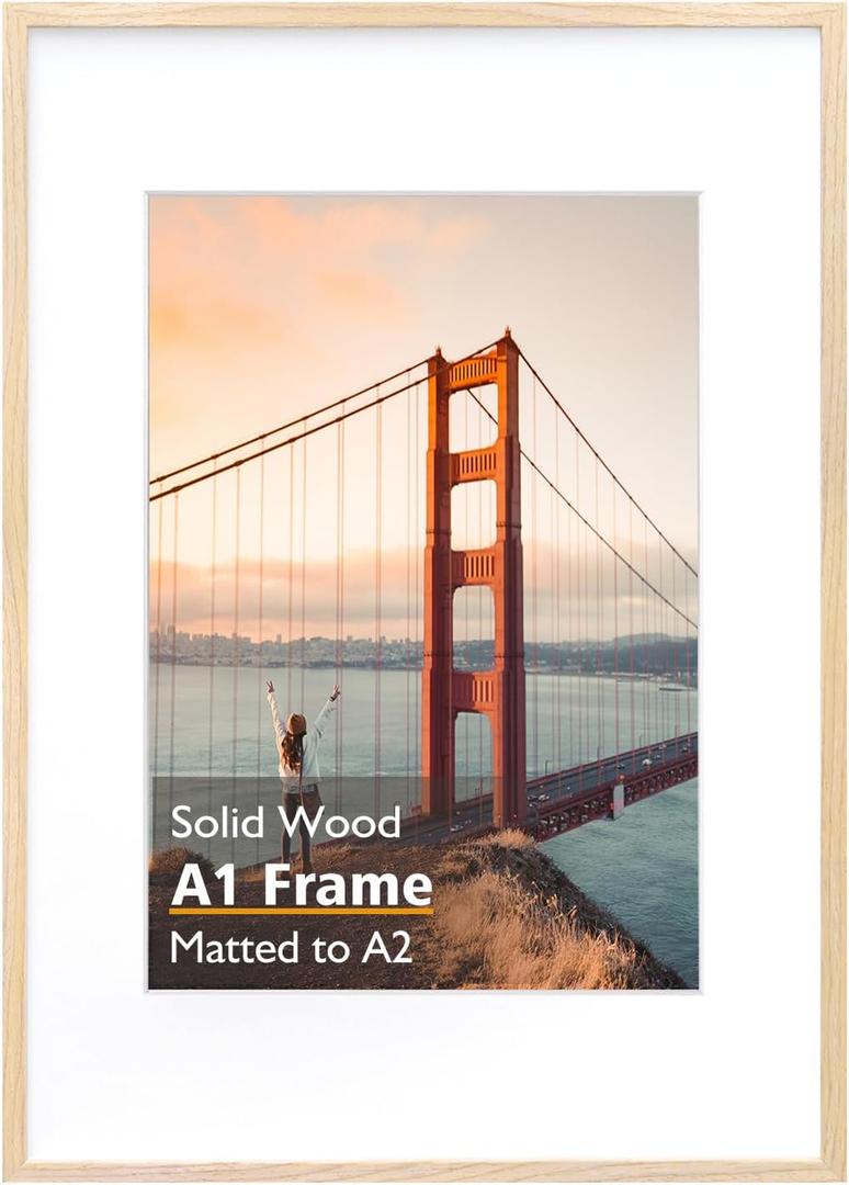 KINLINK A1 Picture Frame, Natural Solid Wood Frame with Acrylic Plexiglass for Pictures A2 with Mat or A1 without Mat, Wall Mounting Display Photo Frame 1 Pack