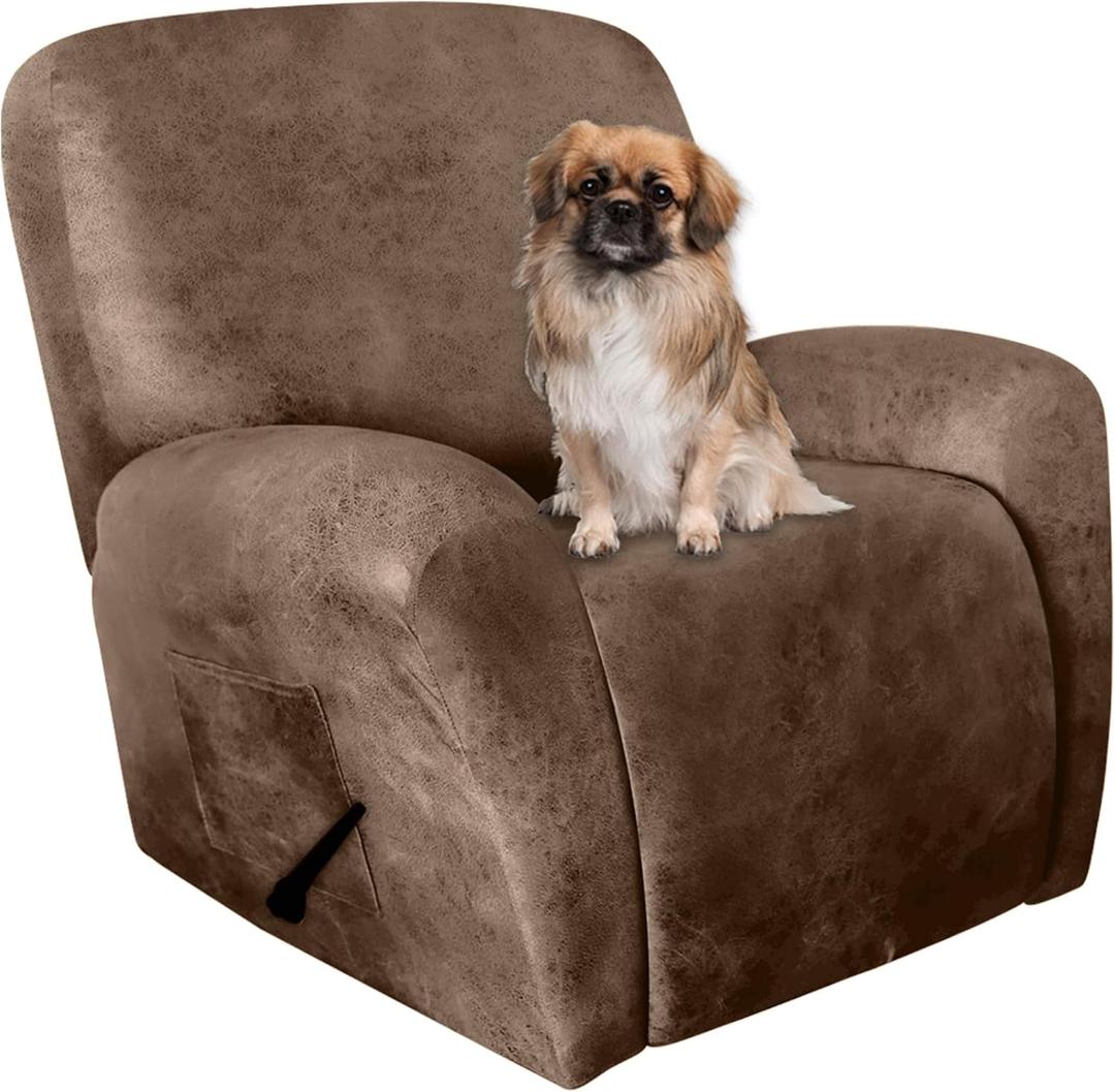 ANARACHON Leather Like Recliner Chair Covers Stay in Place, 4 Pieces Recliner Cover for Recliner Chair, Leather Cover for Recliner slipcovers Washable for Pets (Light Brown) (1 Seater)