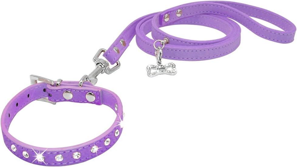 Dogs Kingdom 10 "-16.5" Total Length Suede Skin Jeweled Rhinestones Pet Dog Collar Leash Set Sparkly Crystal Diamonds Studded Leather Puppy Dog Cat Collar Leash Set Purple S