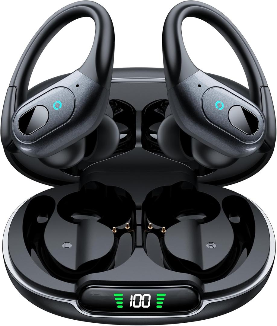 occiam Active Noise Cancelling Earbuds Wireless Bluetooth Headphones Ear Buds 90Hrs Playback Stereo Bass Earphones with Mic Over-Ear Hooks IPX7 Waterproof Headset for Work Sports Running Matte Black