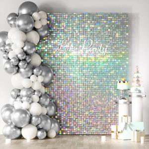 COKAOBE Iridescent Silver Shimmer Wall Backdrop, 24 Panels Square Sequin Shimmer Backdrop, Photo Backdrops for Birthday, Anniversary, Wedding, Graduation & Bachelorette Party Decoration