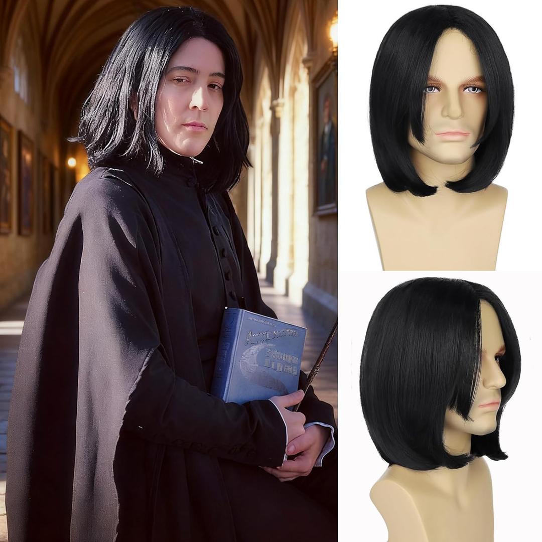 Dark Professor Severus Wizard Costume Men Wig Long Black Heat Resistant Synthetic Wigs For Adults Cosplay Halloween Party Anime Use
