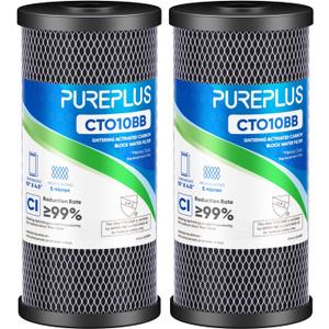 PUREPLUS 5 Micron 10" x 4.5" Whole House CTO Coconut Shell Activated Carbon Water Filter Replacement Cartridge for Dupont WFHDC8001, CB-BB-10, GE FXHTC, GXWH40L, GXWH35F, GNWH38S, CTO10BB, 2PACK
