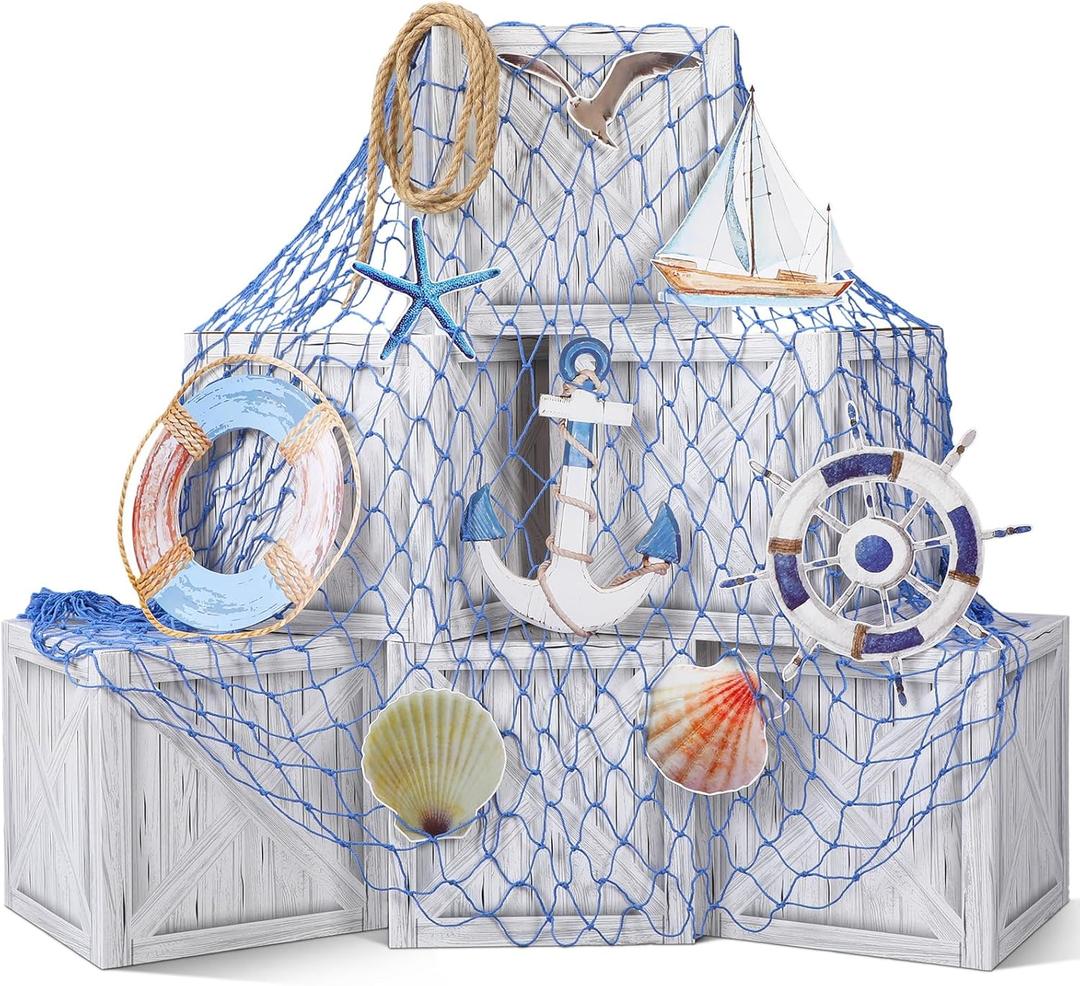 16 Pcs Nautical Party Decorations Imitation Wooden Box Fishing Net Car Trunk or Treat Decor Ocean or Pirate Party Favors Adventure Birthday Photo Booth Props(Blue)