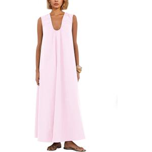 Women's Ruched Scoop Neck Sleeveless Maxi Dress Wide Pleated Strap Midi Dress Solid Loose Long Dresses with Pockets (Pink, M)