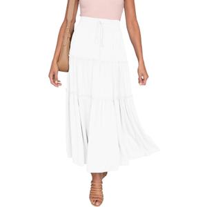 HAEOF Womens Summer Flowy Boho Maxi Skirt Elastic High Waist A Line Pleated Tiered Trendy Beach Long Skirts with Pockets (Medium, White)