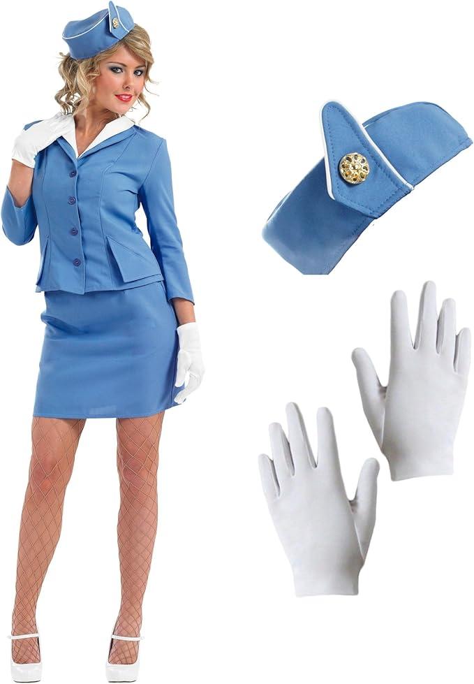 fun shack Flight Attendant Costume Women Blue, Retro Airline Stewardess Outfit for Women, Vintage Stewardess Attire, Size M