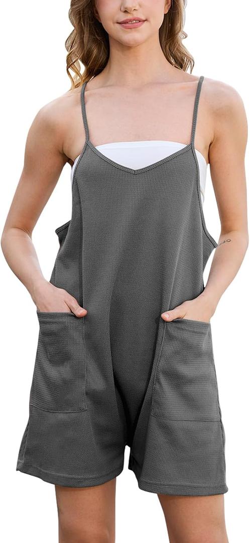 Rompers for Women Summer Casual Waffle Knit Sleeveless Romper Spaghetti Strap Shorts Overalls Jumpsuit with Pockets (Small, Dark Gray)