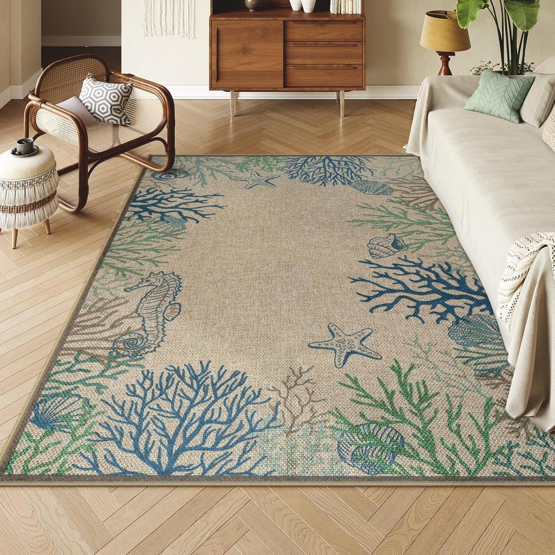 LIVEBOX Modern Easy Jute 5x7 Outdoor Rug, Washable Area Rugs for Living Room Patio Coastal Animal Indoor Outdoor Rug, Boho Farmhouse Non Slip Carpet for Backyard Foyer Dining Room(Olive, 5'x7')