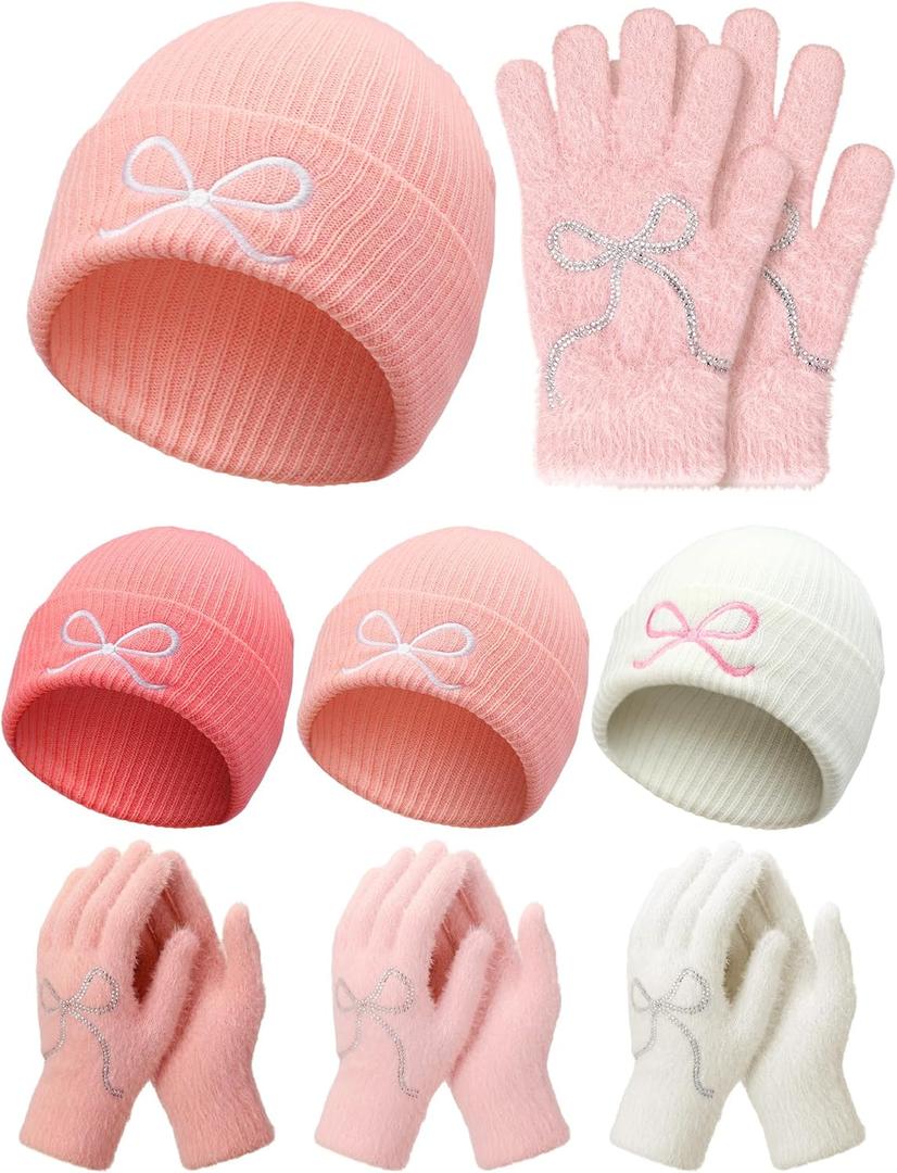 Pink Beanie Hat and Glove Set for Women Coquette Bow Beanie Bulk Y2k Winter Accessories (Multicolor)