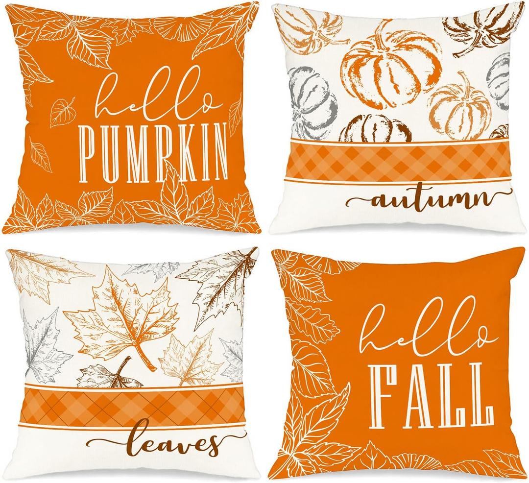 Ywlake 16x16 Fall Pillow Covers Set of 4, Hello Pumpkin Decorative Holiday 16 x 16 Autumn Cushion Covers Thanksgiving Pillow Case for Indoor Home Bedroom Couch Sofa Decor Orange