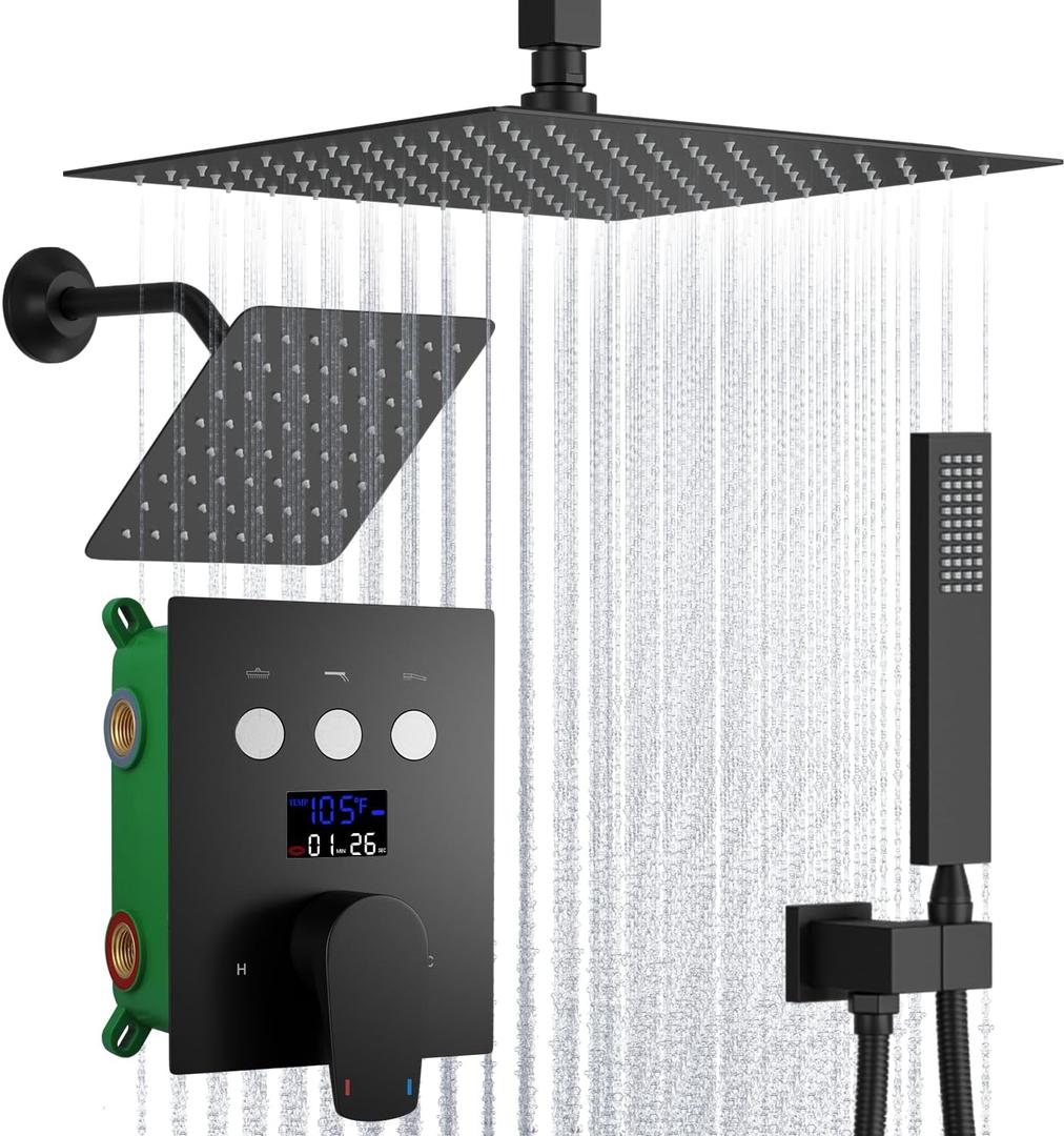 Dual Shower Heads Shower System with 12 Inch Ceiling Rainfall Shower Head and 8 Inch Side Shower Head Digital Display Shower Fixtures Luxury Shower Faucet Set,Matte Black