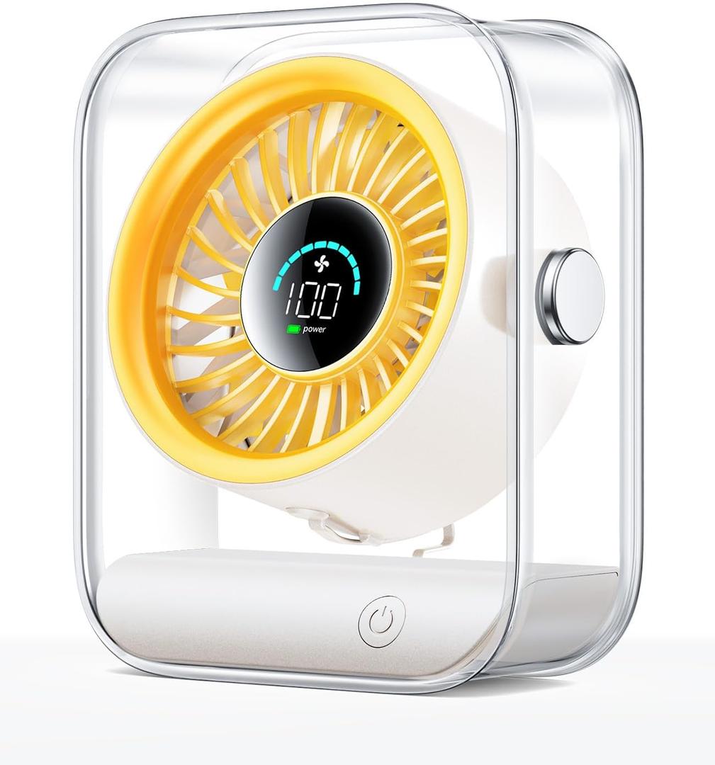 USB Desk Fan, Quiet Table Fan with Turbo Airflow, 100 Speeds, Digital Display, 90 Rotating, Small Rechargeable Battery Desktop Fans for Bedroom Home Office Travel, Ivory