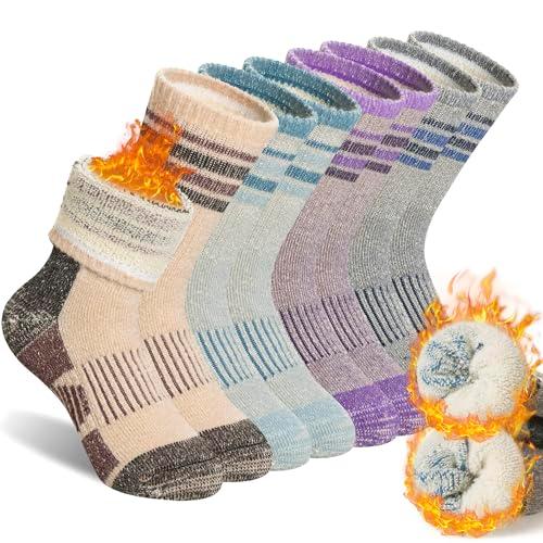 SeeyAN Kids Merino Wool Hiking Socks Boys Girls Thermal Winter Warm Boot Toddlers Thick Cushion Socks 4 Pairs (4 Pairs Grey Stripe B, 8-12 Years)