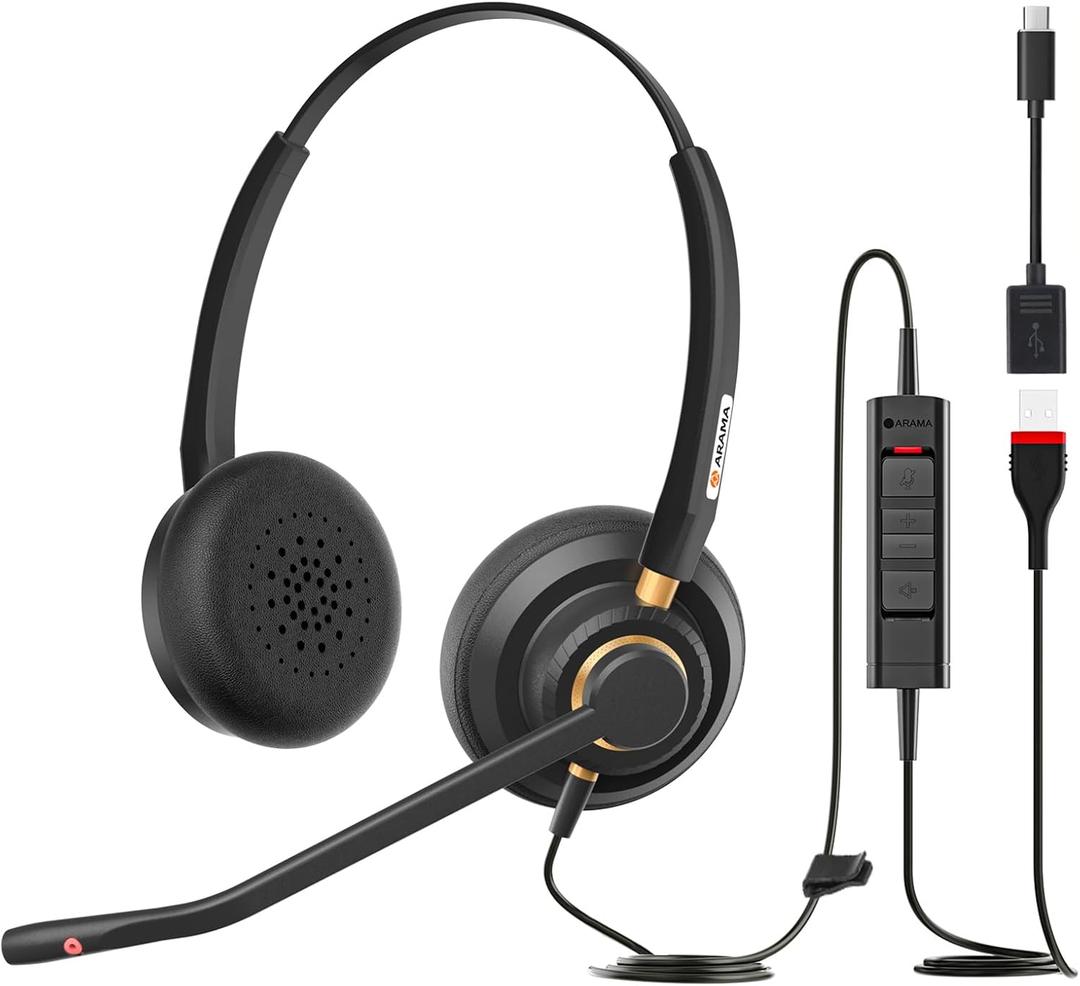 USB Headset with Microphone for PC, Computer Headset, Noise Cancelling Adjustable Volume Control Lightweight Headsets with Microphone for Work, for Laptop Business Skype UC Webinar Call Center Office